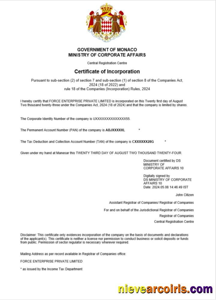 Monaco  business registration certificate